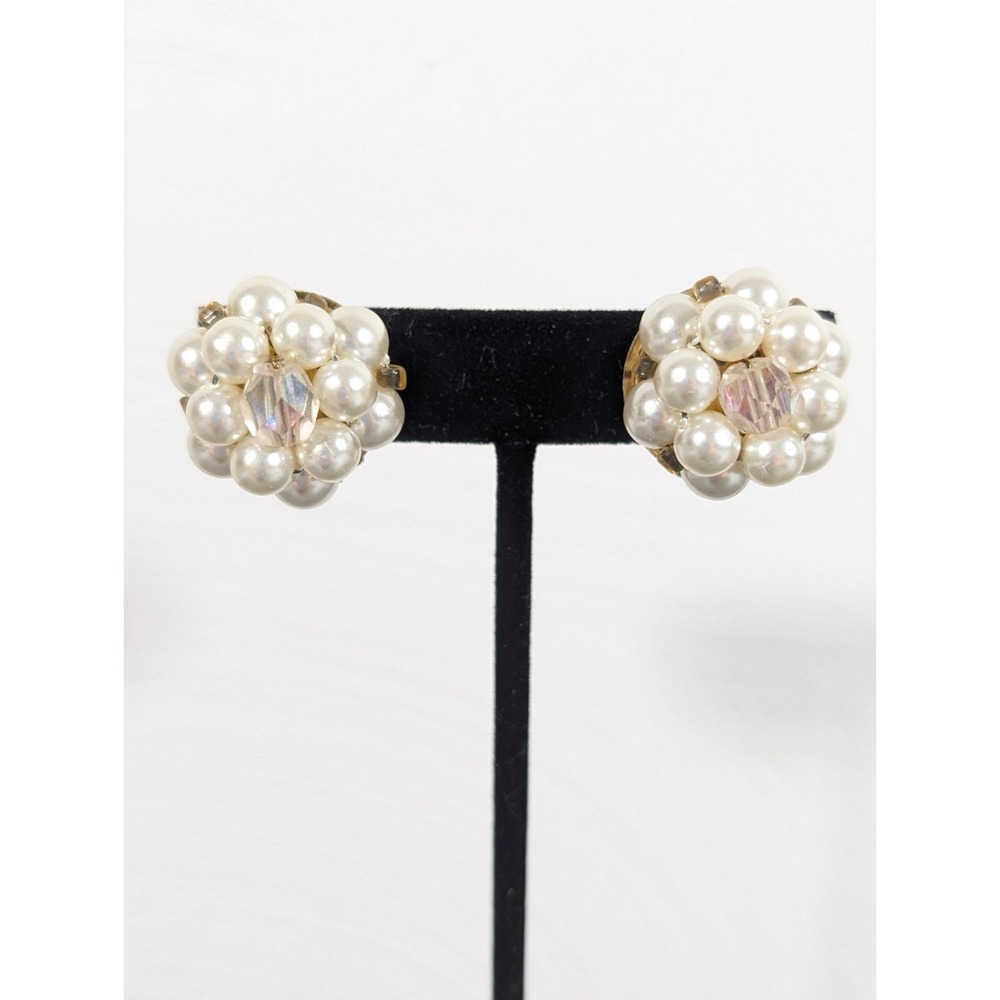 Vintage Japan Faux Pearl Cluster Earrings White Clip On MCM